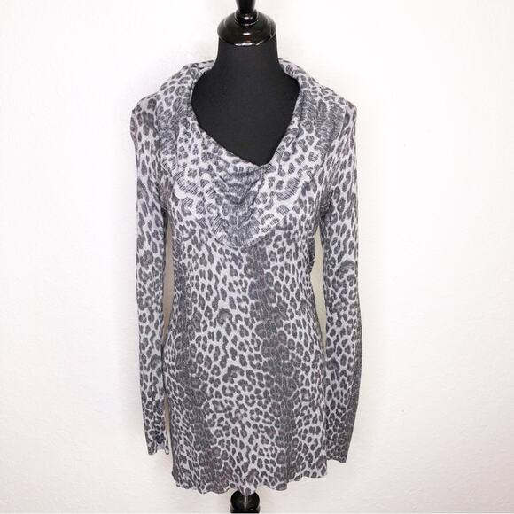 Cache gray metallic leopard animal print cowl neck tunic sweater size Large - Picture 1 of 14